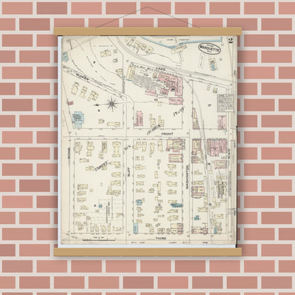 Old map wall art mockup — magnetic wood frame on brick wall — Sanborn Fire Insurance Map from Marquette, Marquette County, Michigan (1884), Sheet #0002