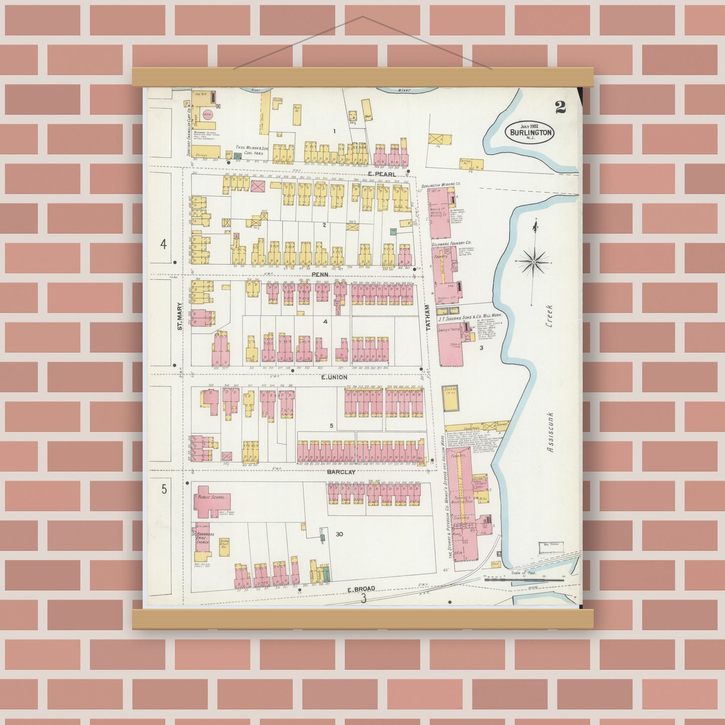 Old map wall art mockup — magnetic wood frame on brick wall — Sanborn Fire Insurance Map from Burlington, Burlington County, New Jersey (1902), Sheet #0002