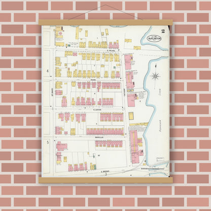 Old map wall art mockup — magnetic wood frame on brick wall — Sanborn Fire Insurance Map from Burlington, Burlington County, New Jersey (1902), Sheet #0002