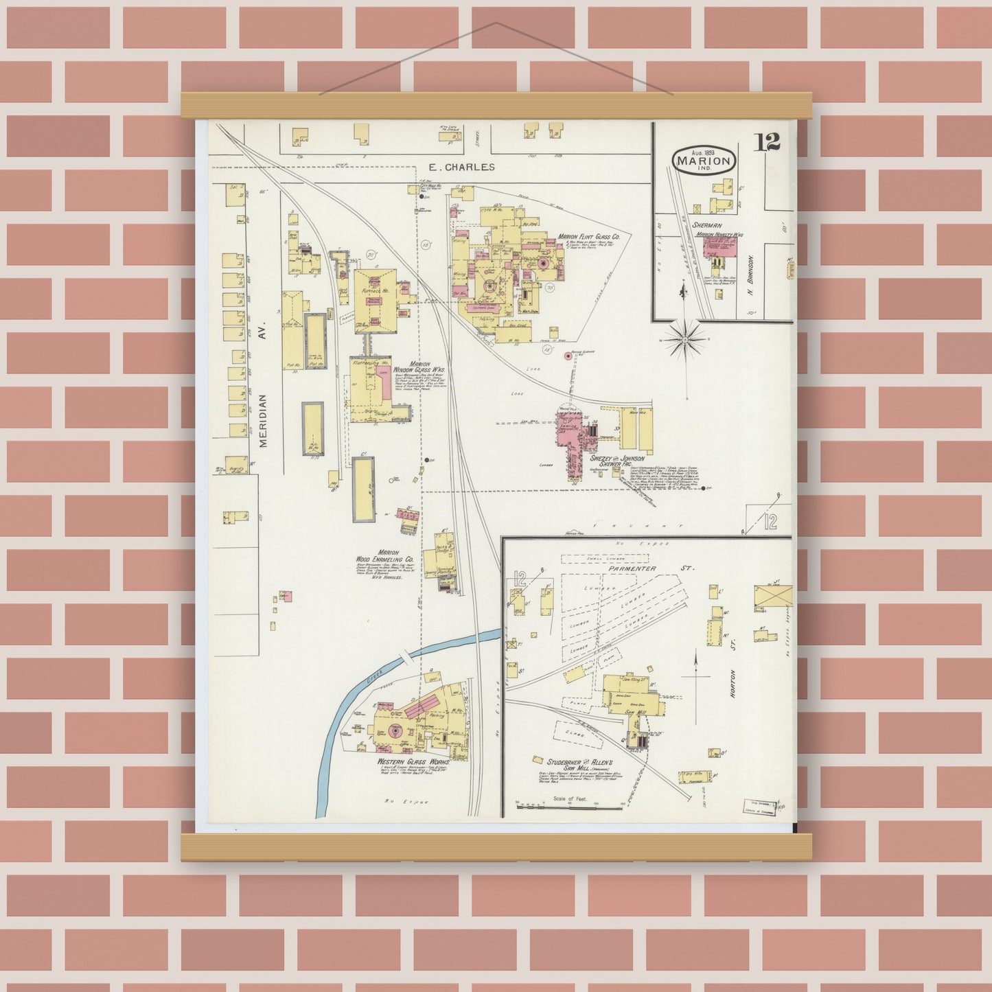 Old map wall art mockup — magnetic wood frame on brick wall — Sanborn Fire Insurance Map from Marion, Grant County, Indiana (1893), Sheet #0012
