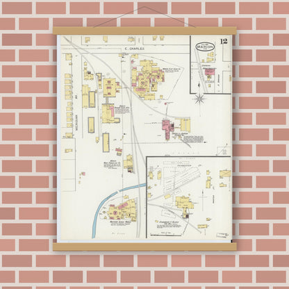 Old map wall art mockup — magnetic wood frame on brick wall — Sanborn Fire Insurance Map from Marion, Grant County, Indiana (1893), Sheet #0012