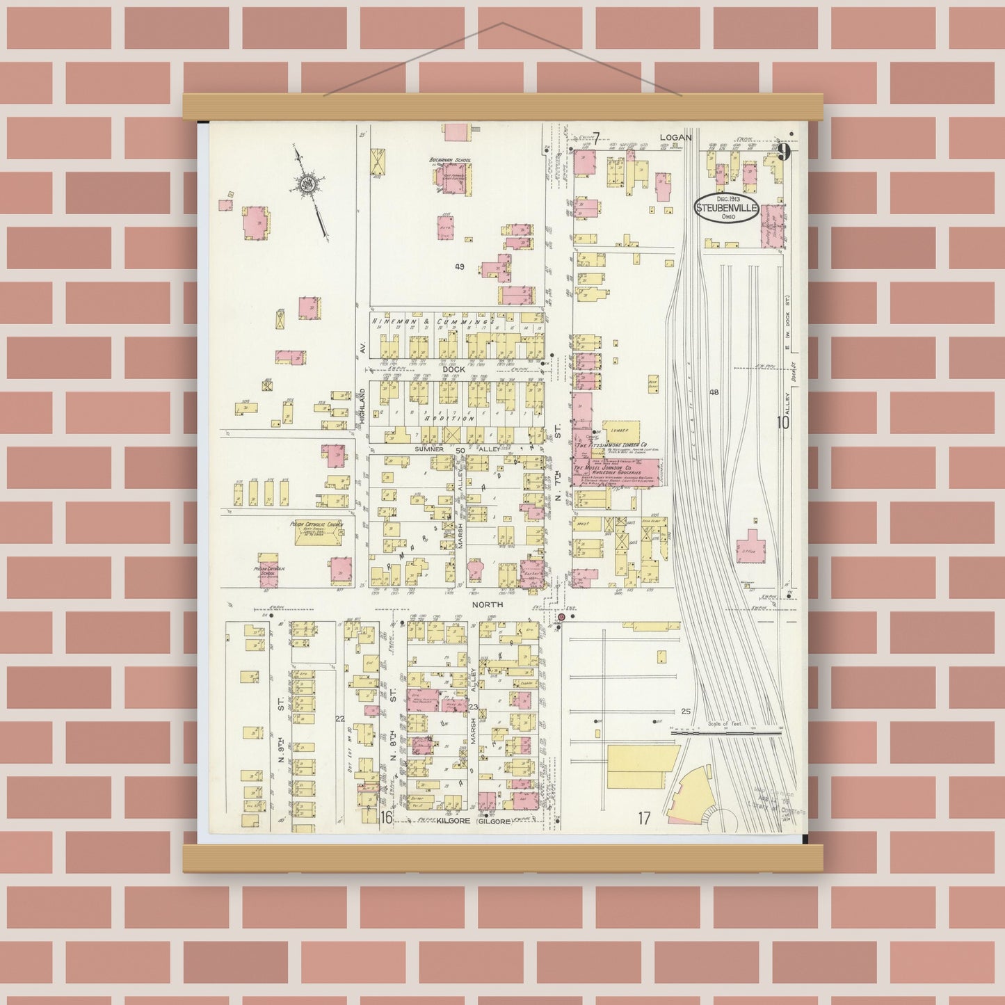 Old map wall art mockup — magnetic wood frame on brick wall — Sanborn Fire Insurance Map from Steubenville, Jefferson County, Ohio (1913), Sheet #0009