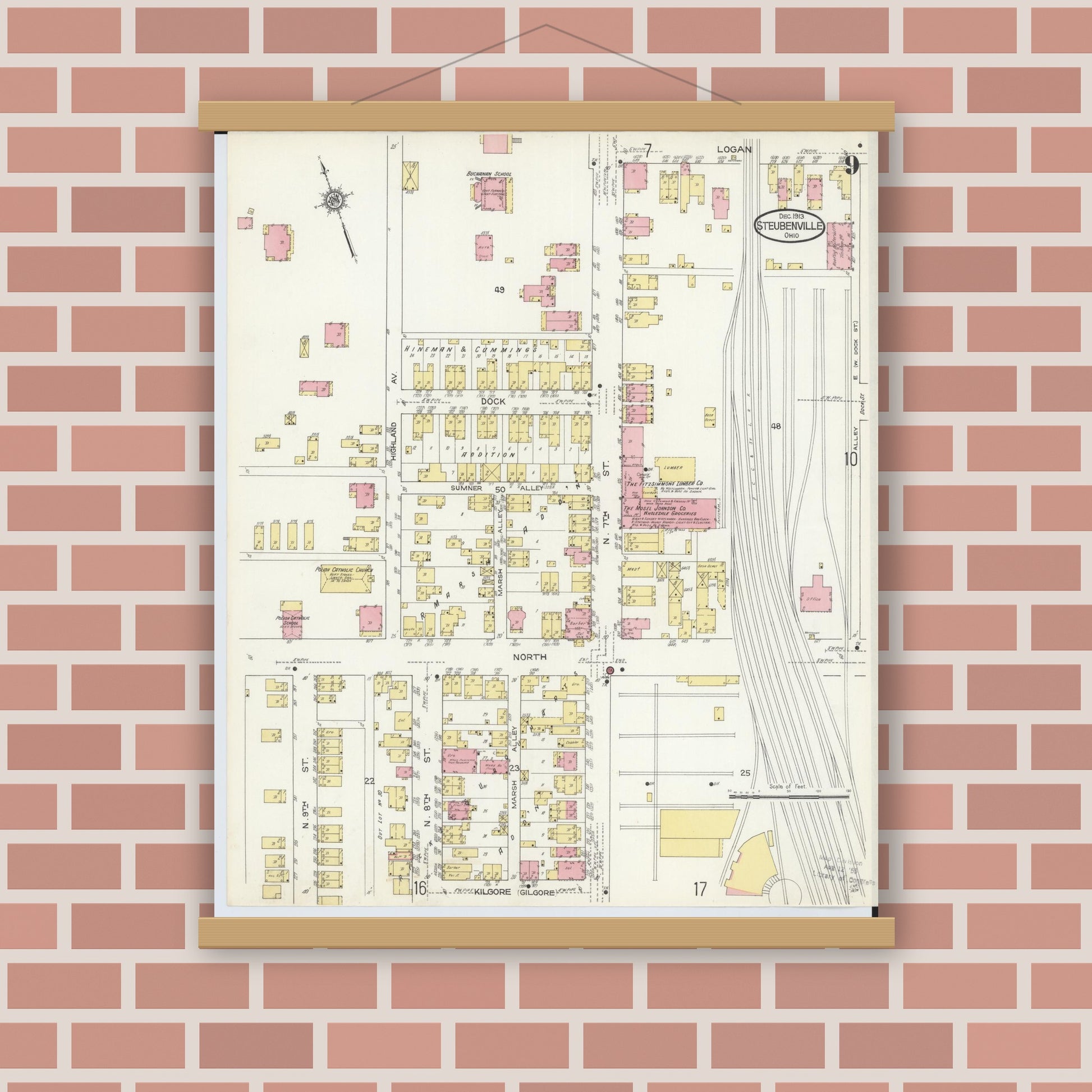 Old map wall art mockup — magnetic wood frame on brick wall — Sanborn Fire Insurance Map from Steubenville, Jefferson County, Ohio (1913), Sheet #0009