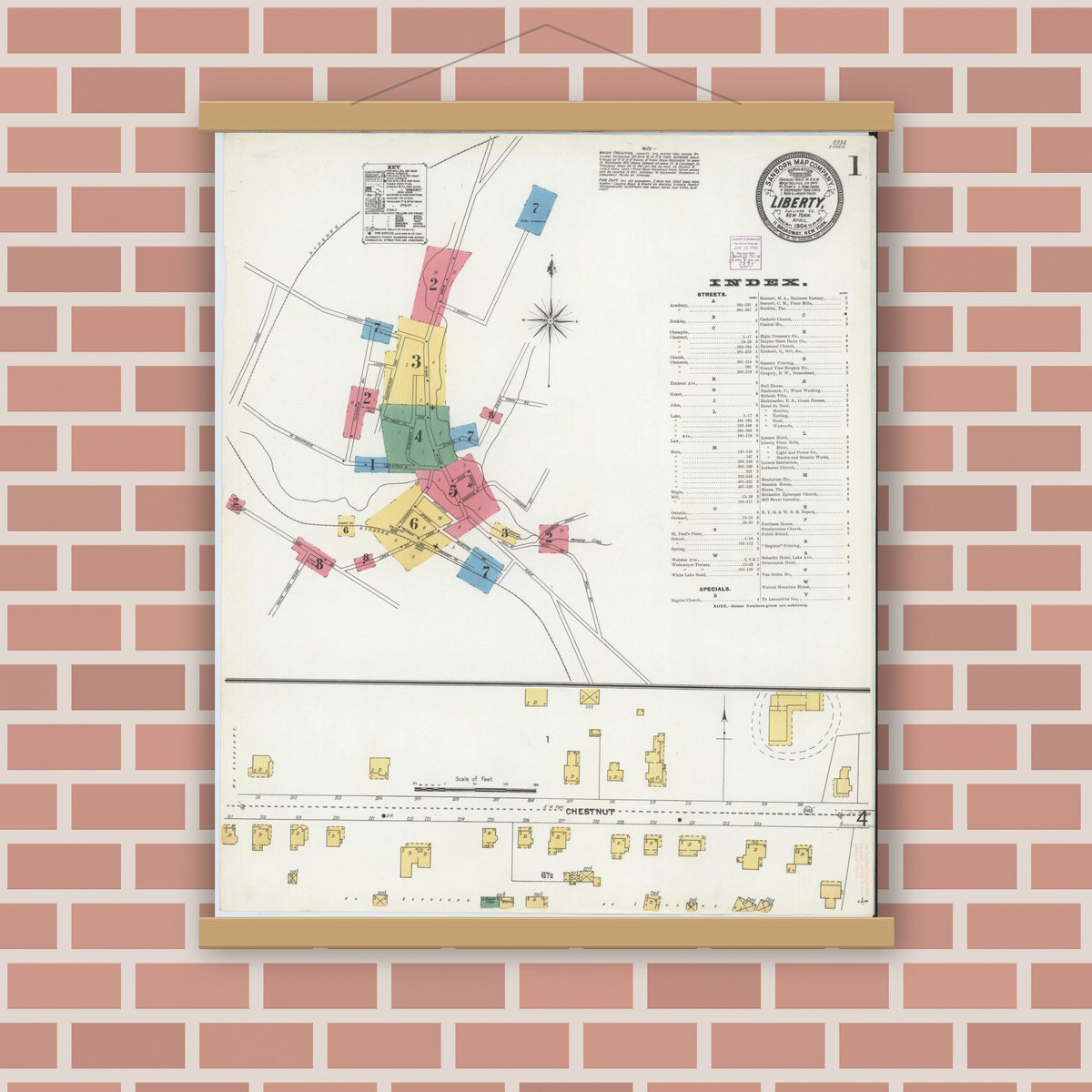 Old map wall art mockup — magnetic wood frame on brick wall — Sanborn Fire Insurance Map from Liberty, Sullivan County, New York (1904) - Complete Map Set