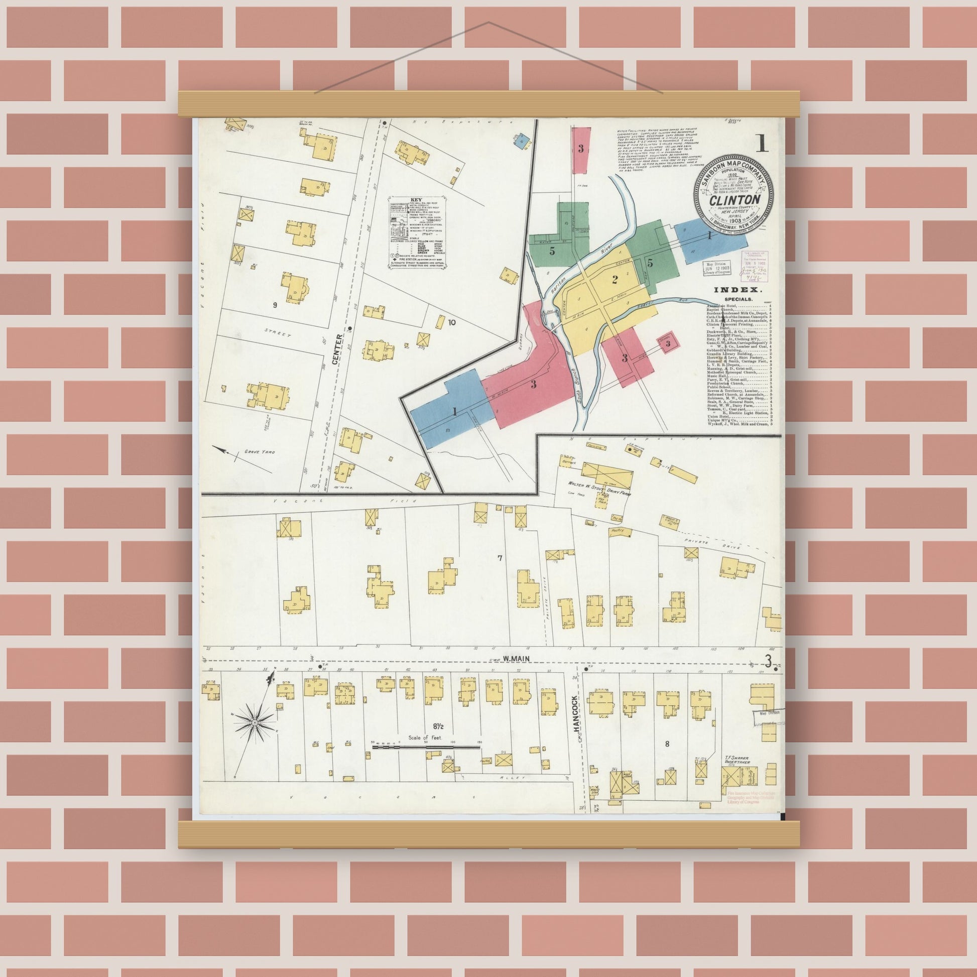 Old map wall art mockup — magnetic wood frame on brick wall — Sanborn Fire Insurance Map from Clinton, Hunterdon County, New Jersey (1903), Sheet #0001