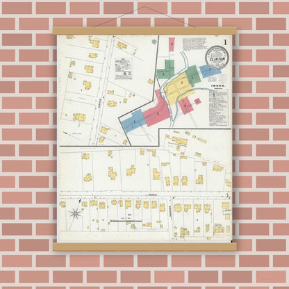 Old map wall art mockup — magnetic wood frame on brick wall — Sanborn Fire Insurance Map from Clinton, Hunterdon County, New Jersey (1903), Sheet #0001