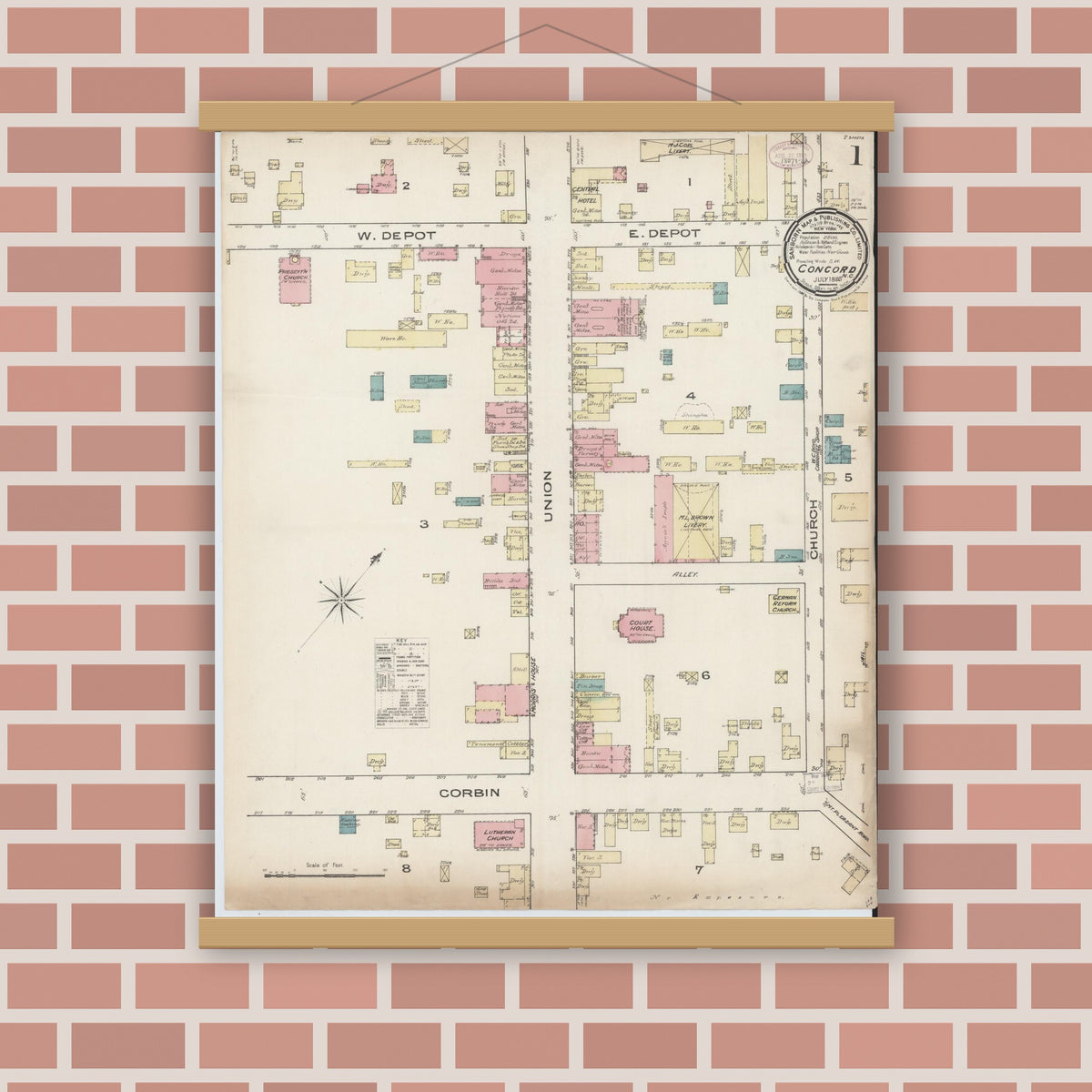 Old map wall art mockup — magnetic wood frame on brick wall — Sanborn Fire Insurance Map from Concord, Cabarrus County, North Carolina (1885) - Complete Map Set