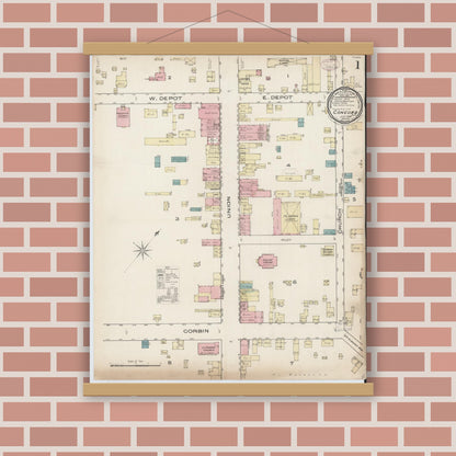 Old map wall art mockup — magnetic wood frame on brick wall — Sanborn Fire Insurance Map from Concord, Cabarrus County, North Carolina (1885) - Complete Map Set