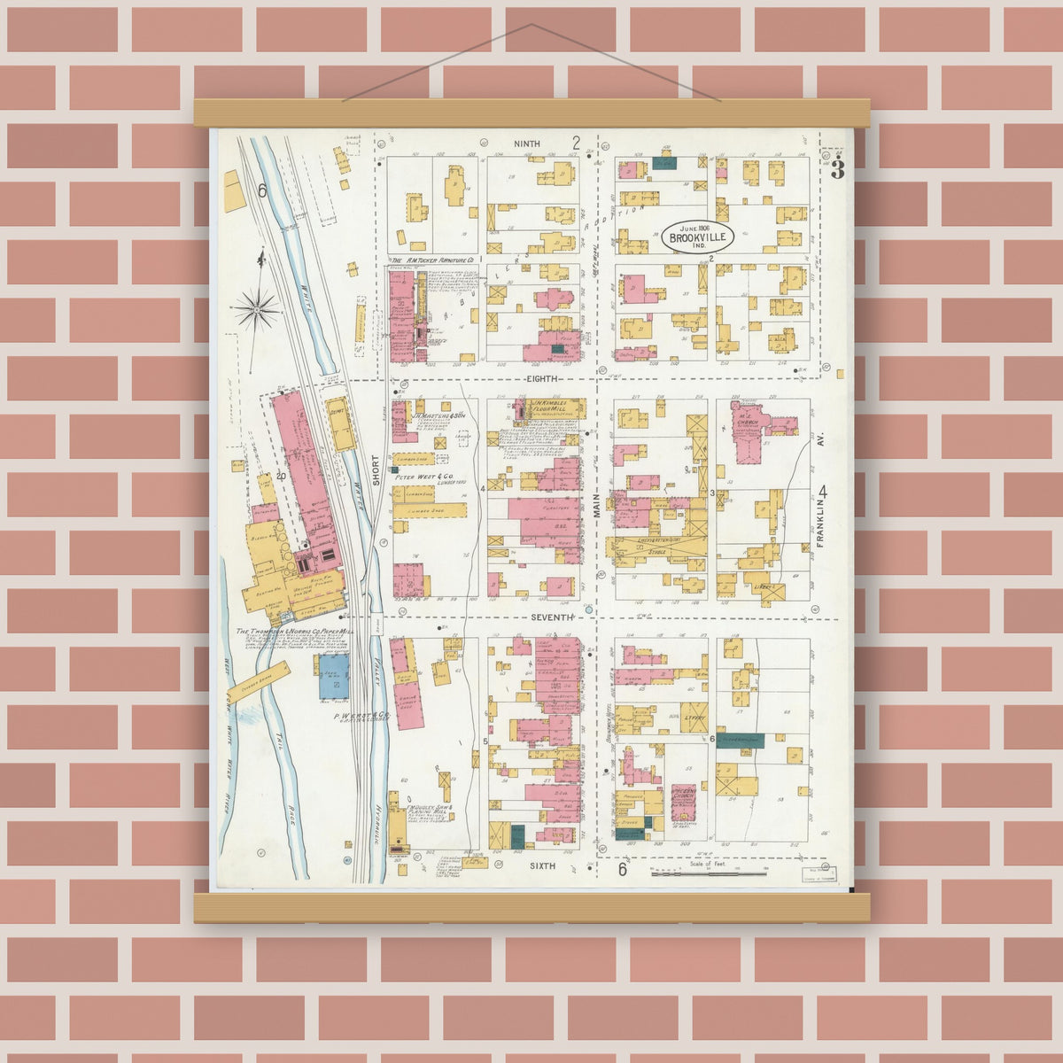 Old map wall art mockup — magnetic wood frame on brick wall — Sanborn Fire Insurance Map from Brookville, Franklin County, Indiana (1906), Sheet #0003