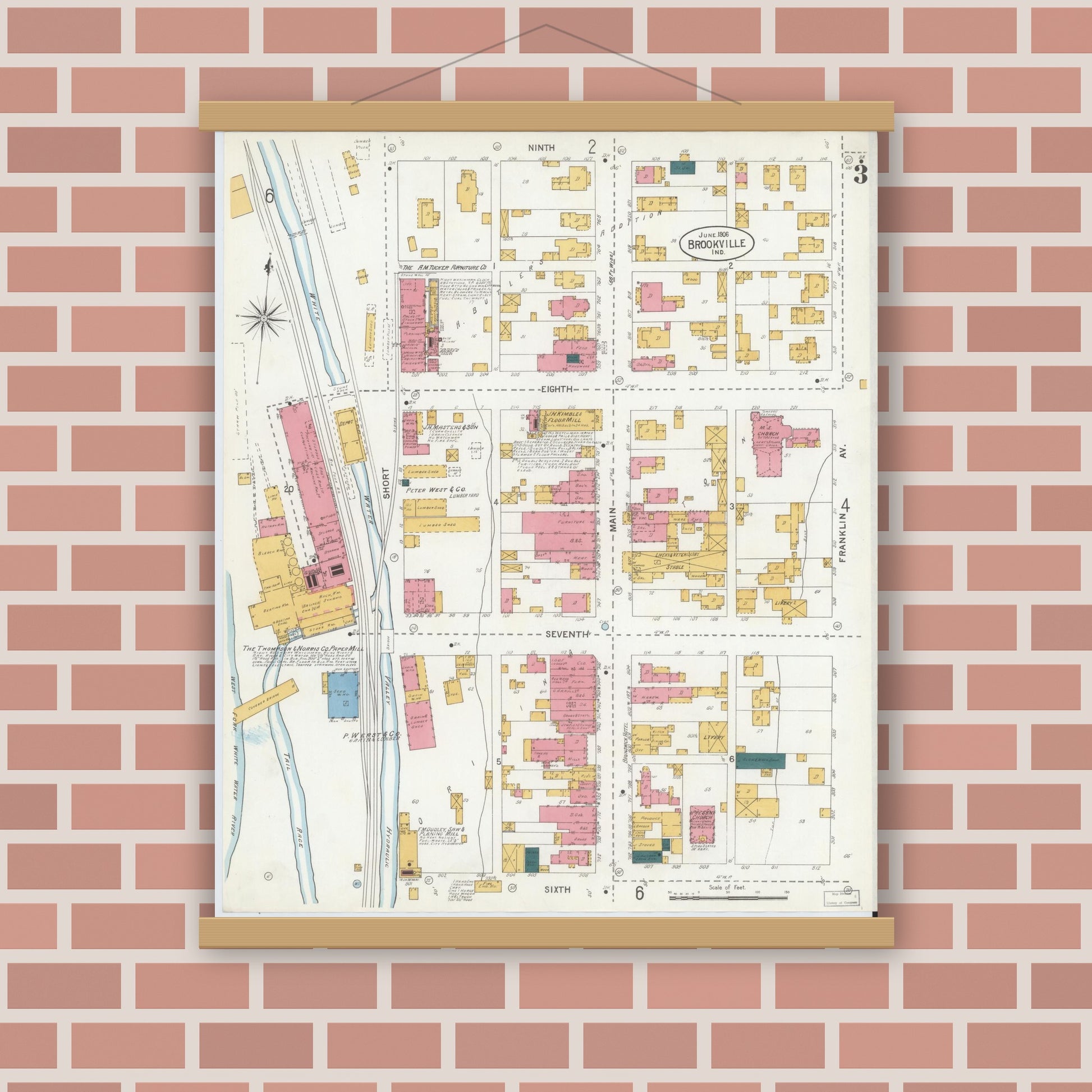 Old map wall art mockup — magnetic wood frame on brick wall — Sanborn Fire Insurance Map from Brookville, Franklin County, Indiana (1906), Sheet #0003