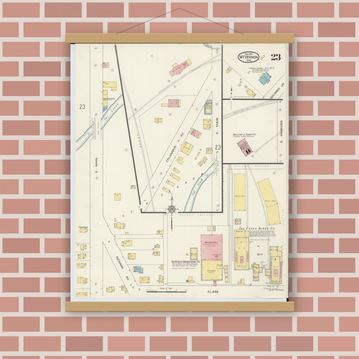 Old map wall art mockup — magnetic wood frame on brick wall — Sanborn Fire Insurance Map from Mount Vernon, Knox County, Ohio (1913), Sheet #0023