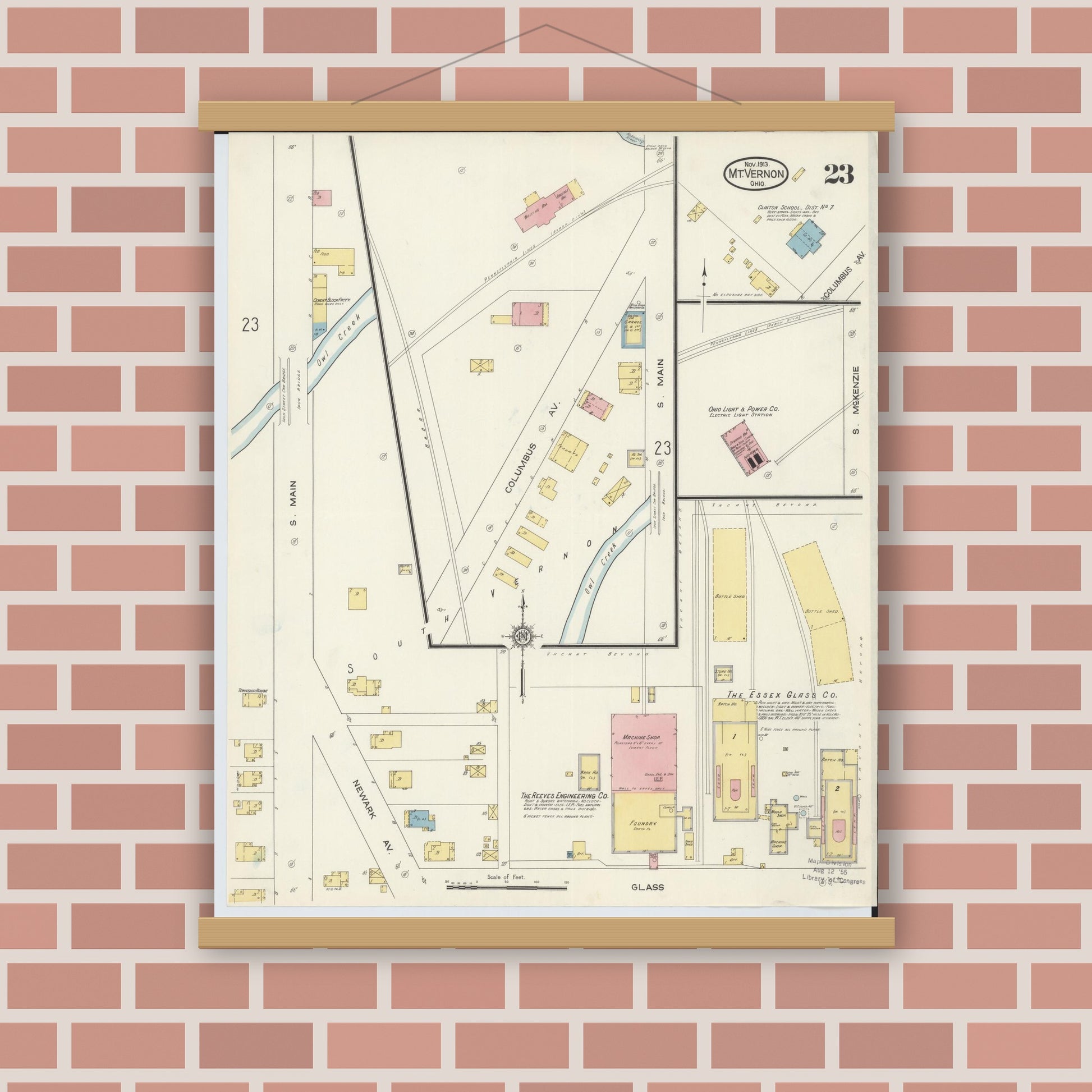 Old map wall art mockup — magnetic wood frame on brick wall — Sanborn Fire Insurance Map from Mount Vernon, Knox County, Ohio (1913), Sheet #0023