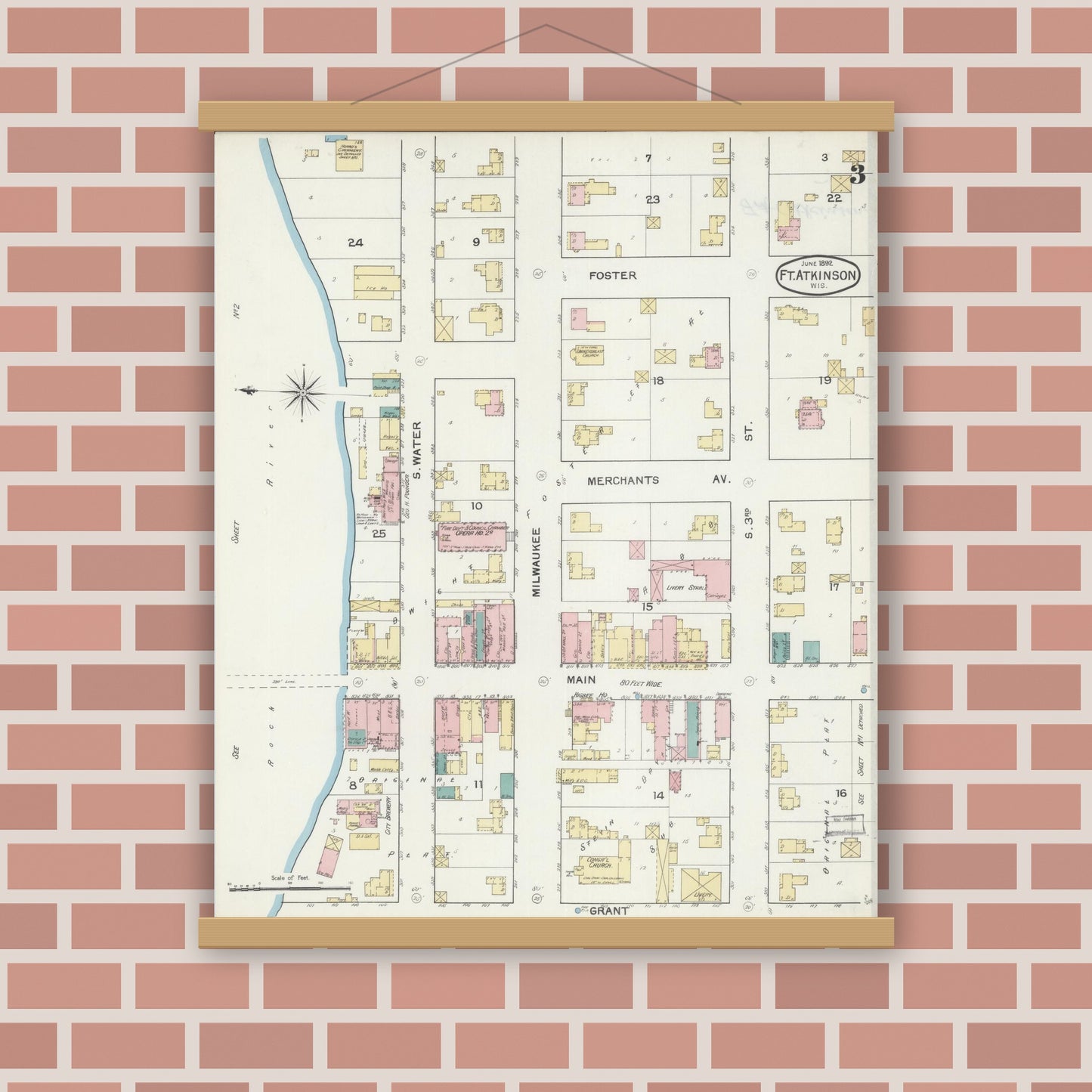 Old map wall art mockup — magnetic wood frame on brick wall — Sanborn Fire Insurance Map from Fort Atkinson, Jefferson County, Wisconsin (1892), Sheet #0003