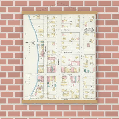Old map wall art mockup — magnetic wood frame on brick wall — Sanborn Fire Insurance Map from Fort Atkinson, Jefferson County, Wisconsin (1892), Sheet #0003