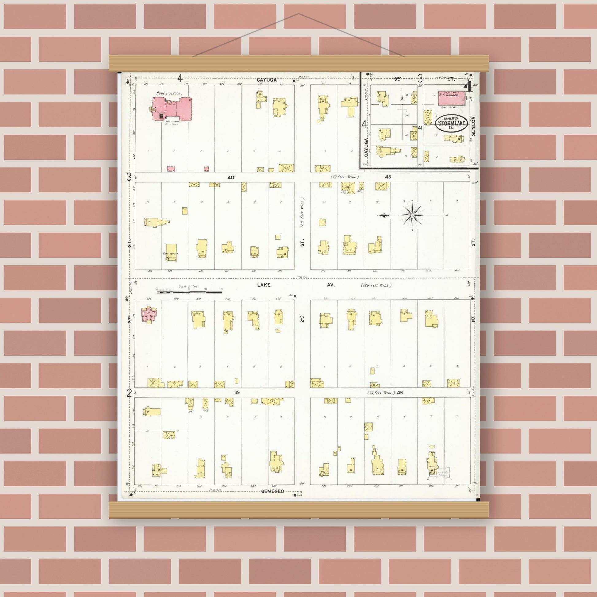 Old map wall art mockup — magnetic wood frame on brick wall — Sanborn Fire Insurance Map from Storm Lake, Buena Vista County, Iowa (1899), Sheet #0004