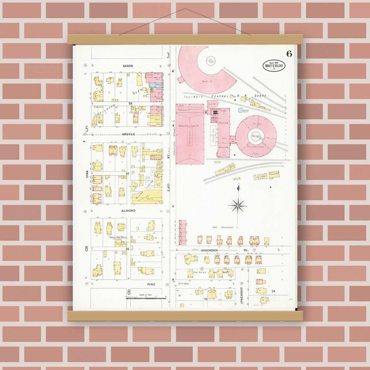 Old map wall art mockup — magnetic wood frame on brick wall — Sanborn Fire Insurance Map from Waterloo, Black Hawk County, Iowa (1906), Sheet #0006