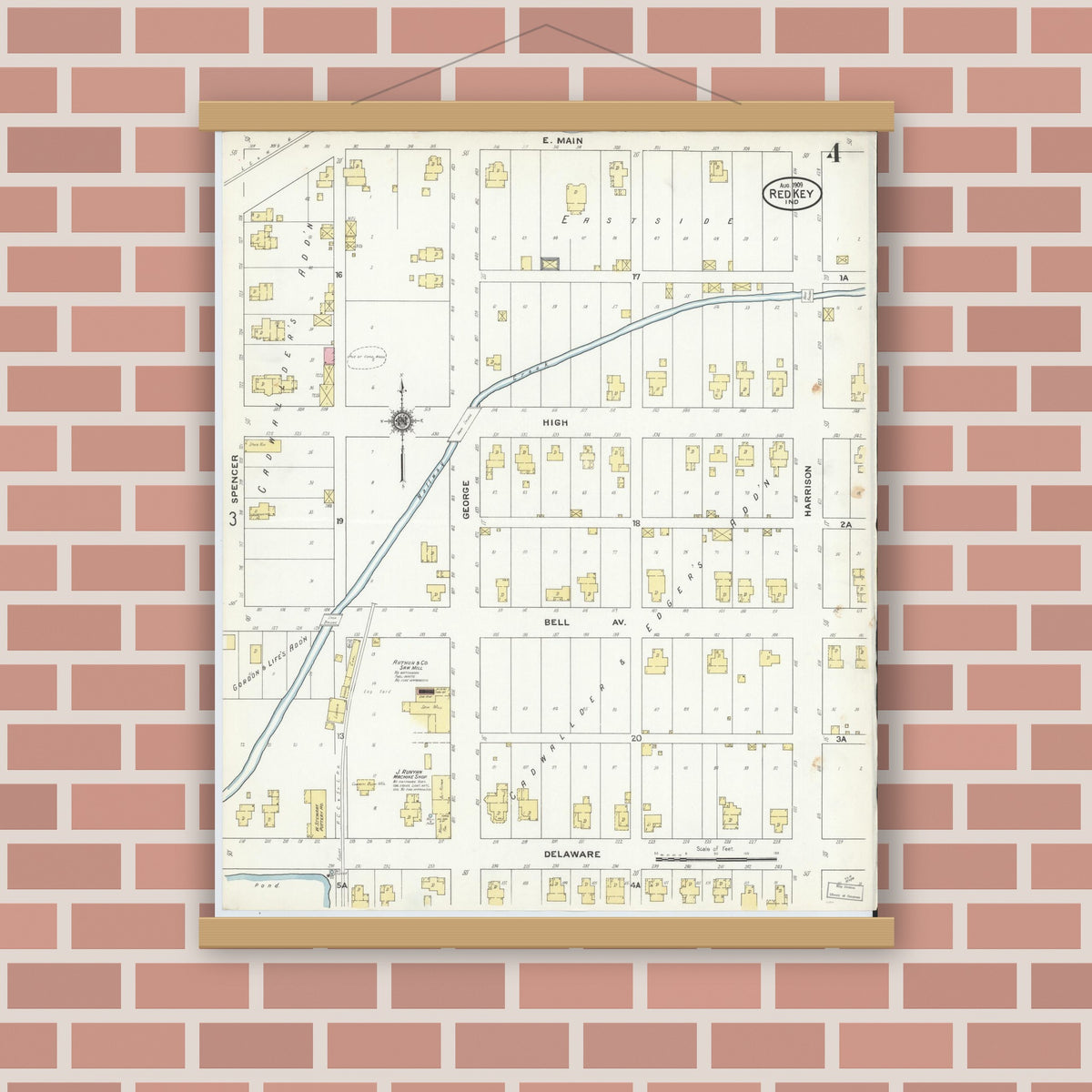 Old map wall art mockup — magnetic wood frame on brick wall — Sanborn Fire Insurance Map from Redkey, Jay County, Indiana (1909), Sheet #0004