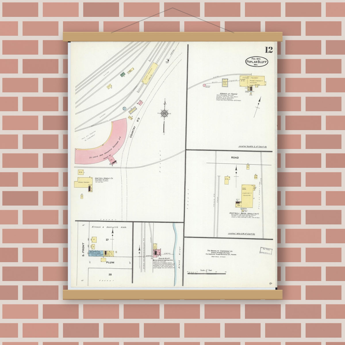 Old map wall art mockup — magnetic wood frame on brick wall — Sanborn Fire Insurance Map from Poplar Bluff, Butler County, Missouri (1910), Sheet #0012