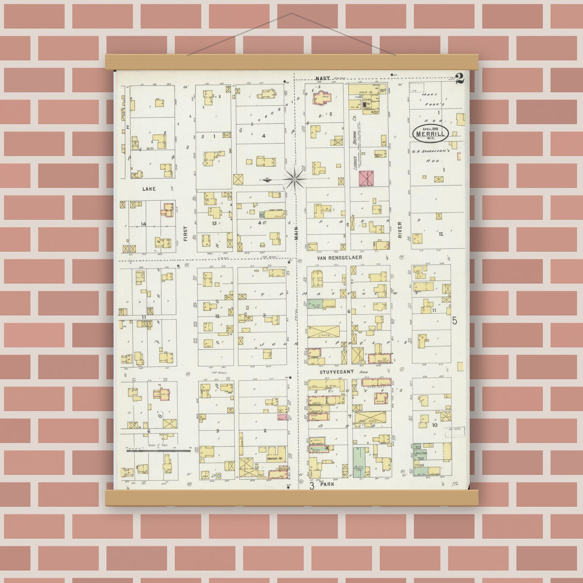 Old map wall art mockup — magnetic wood frame on brick wall — Sanborn Fire Insurance Map from Merrill, Lincoln County, Wisconsin (1898), Sheet #0002
