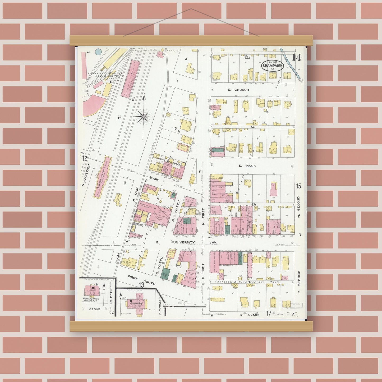 Old map wall art mockup — magnetic wood frame on brick wall — Sanborn Fire Insurance Map from Champaign, Champaign County, Illinois (1909), Sheet #0014
