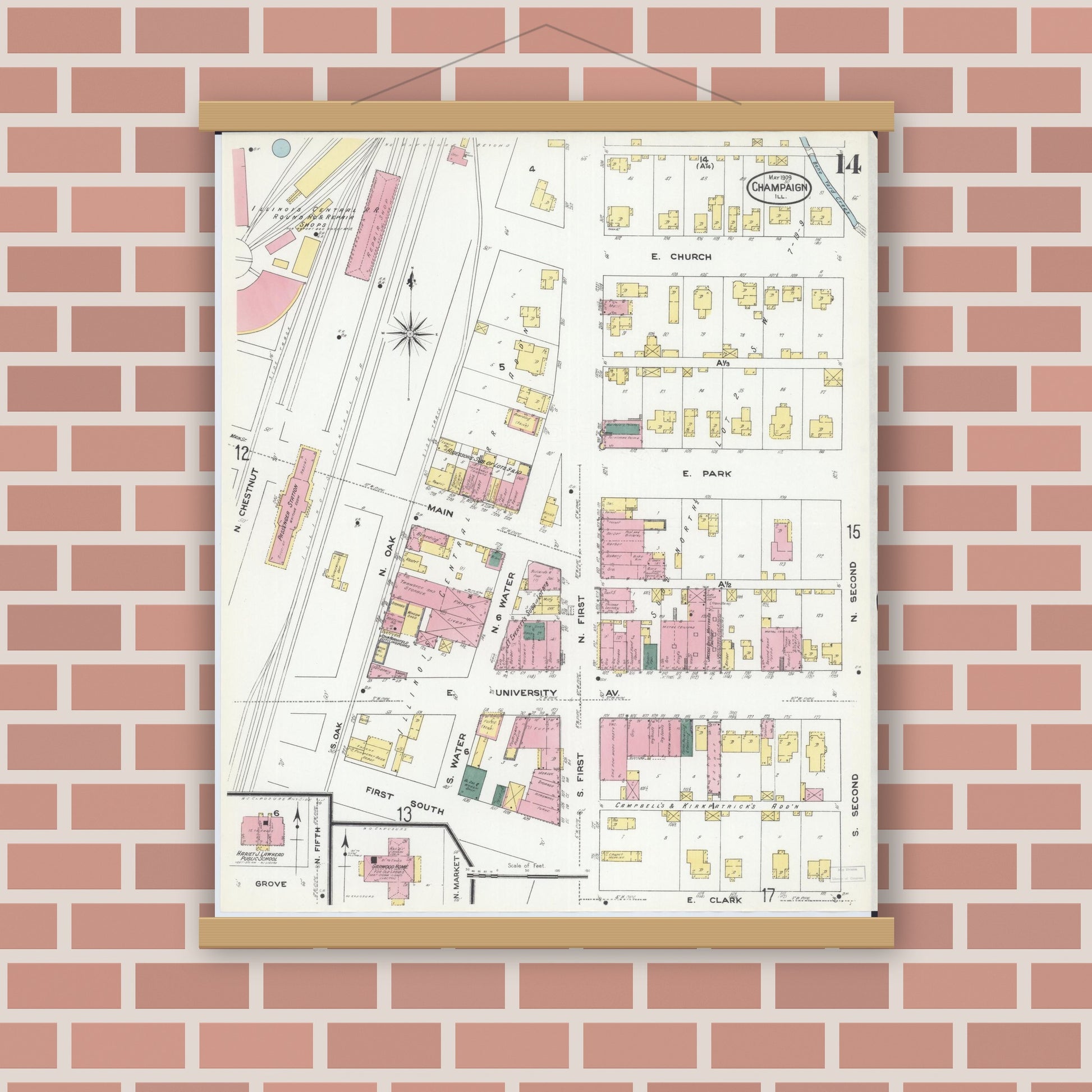 Old map wall art mockup — magnetic wood frame on brick wall — Sanborn Fire Insurance Map from Champaign, Champaign County, Illinois (1909), Sheet #0014