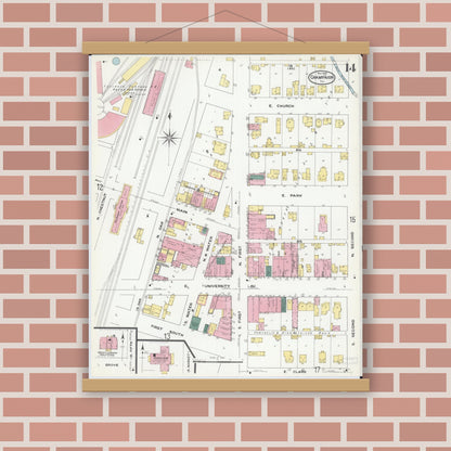 Old map wall art mockup — magnetic wood frame on brick wall — Sanborn Fire Insurance Map from Champaign, Champaign County, Illinois (1909), Sheet #0014