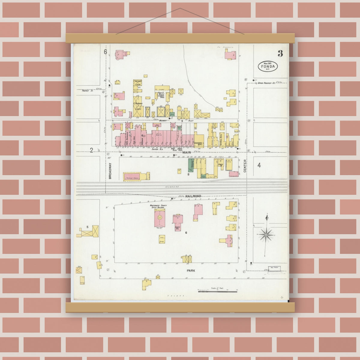 Old map wall art mockup — magnetic wood frame on brick wall — Sanborn Fire Insurance Map from Fonda, Montgomery County, New York (1901), Sheet #0003