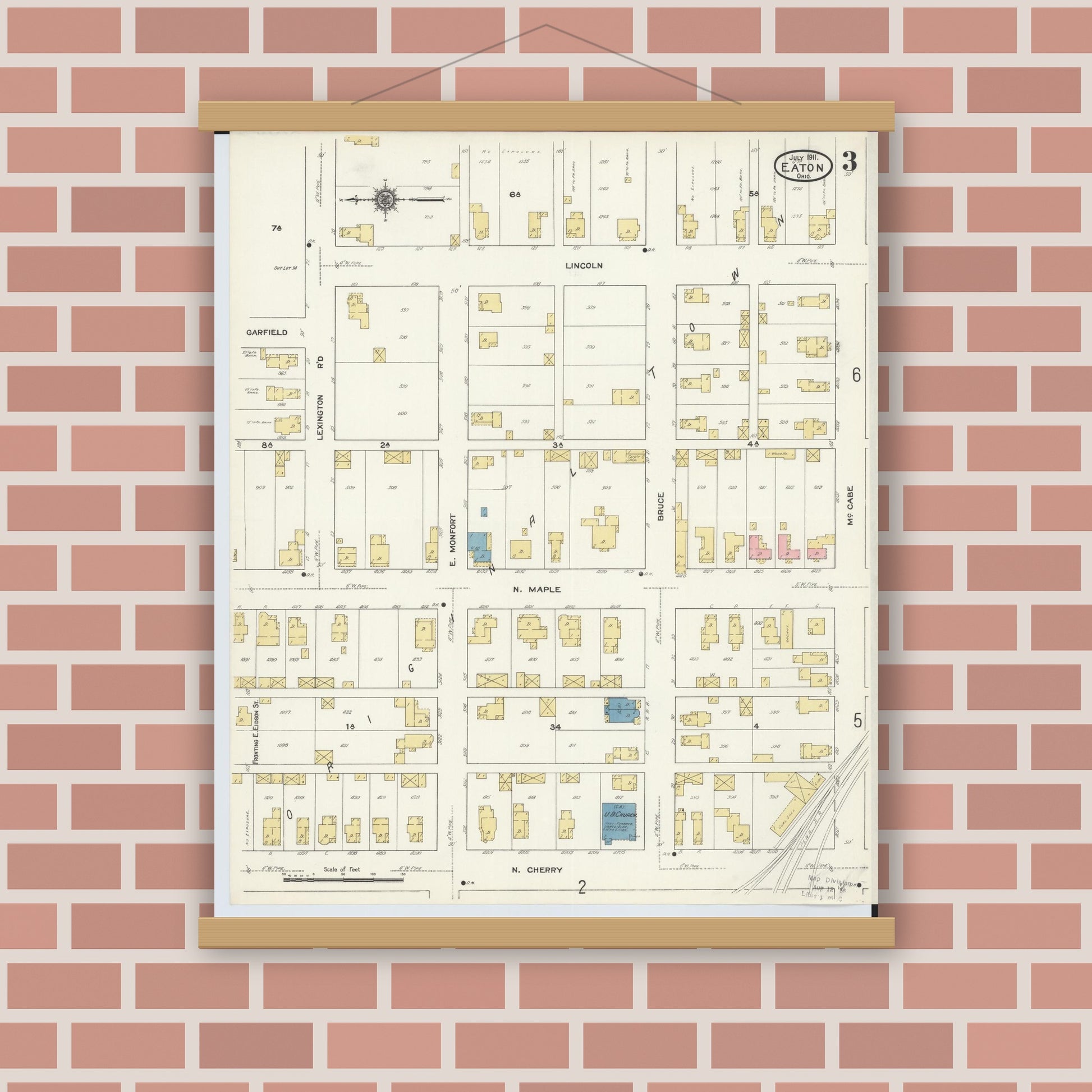 Old map wall art mockup — magnetic wood frame on brick wall — Sanborn Fire Insurance Map from Eaton, Preble County, Ohio (1911), Sheet #0003
