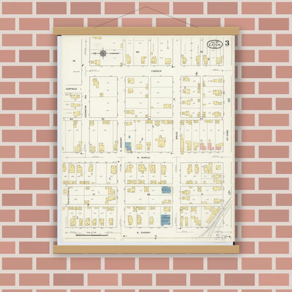 Old map wall art mockup — magnetic wood frame on brick wall — Sanborn Fire Insurance Map from Eaton, Preble County, Ohio (1911), Sheet #0003