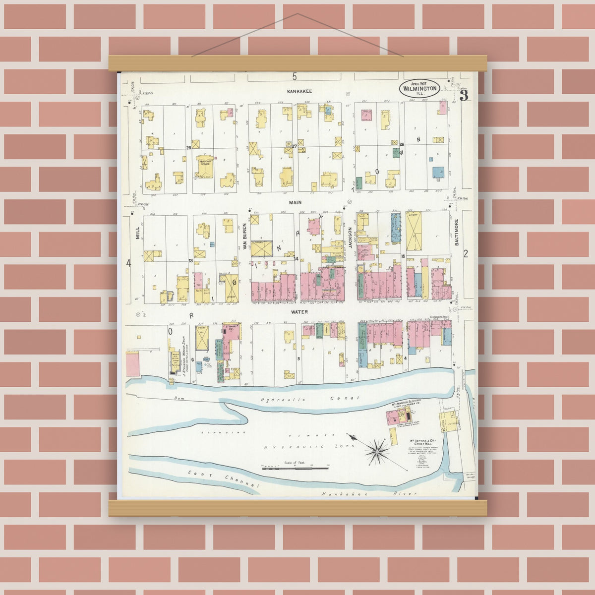 Old map wall art mockup — magnetic wood frame on brick wall — Sanborn Fire Insurance Map from Wilmington, Will County, Illinois (1907), Sheet #0003