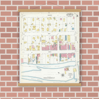 Old map wall art mockup — magnetic wood frame on brick wall — Sanborn Fire Insurance Map from Wilmington, Will County, Illinois (1907), Sheet #0003