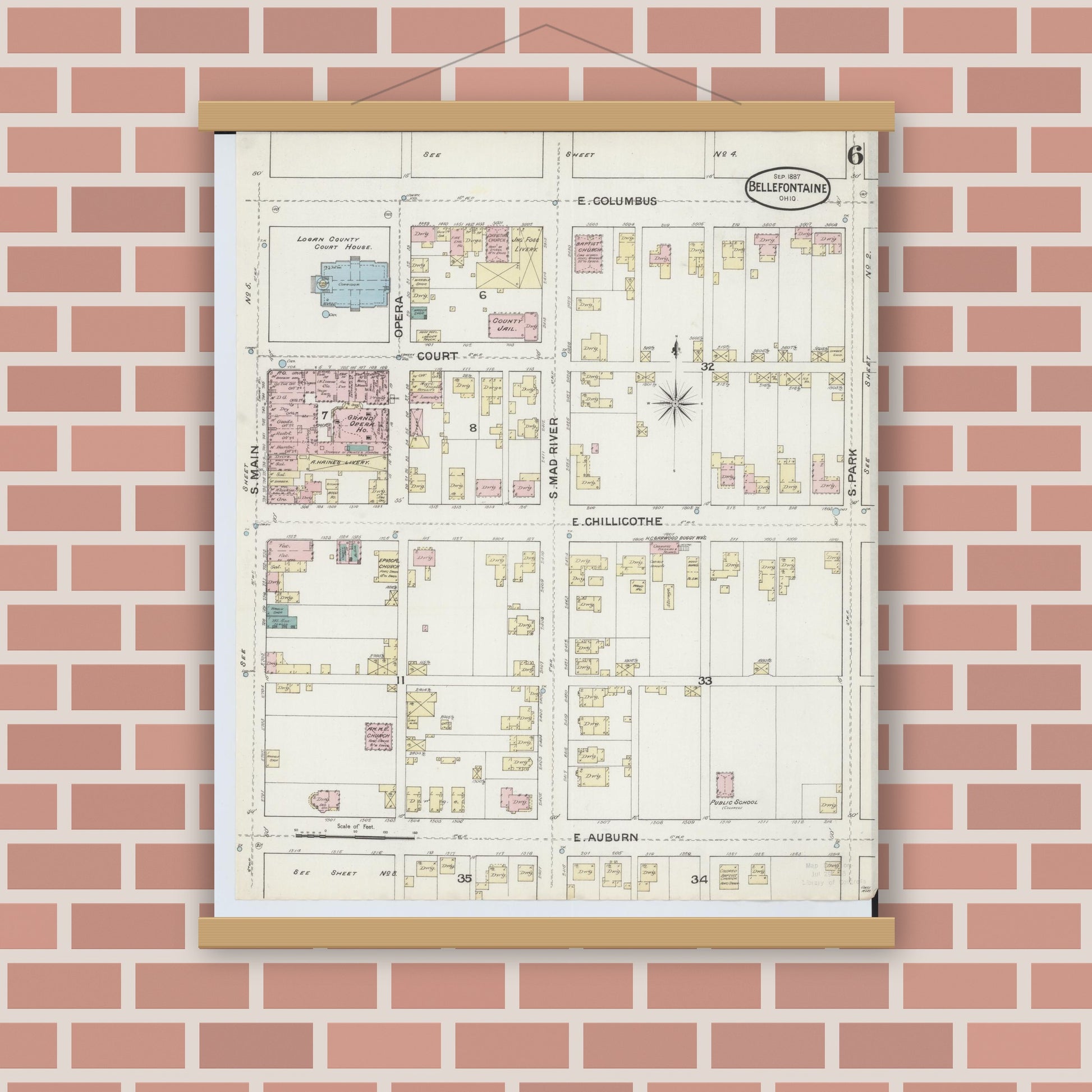 Old map wall art mockup — magnetic wood frame on brick wall — Sanborn Fire Insurance Map from Bellefontaine, Logan County, Ohio (1887), Sheet #0006
