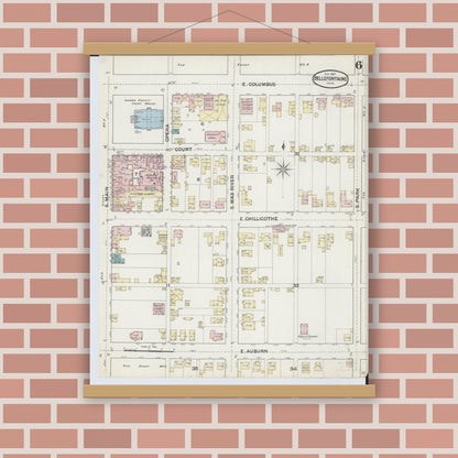 Old map wall art mockup — magnetic wood frame on brick wall — Sanborn Fire Insurance Map from Bellefontaine, Logan County, Ohio (1887), Sheet #0006