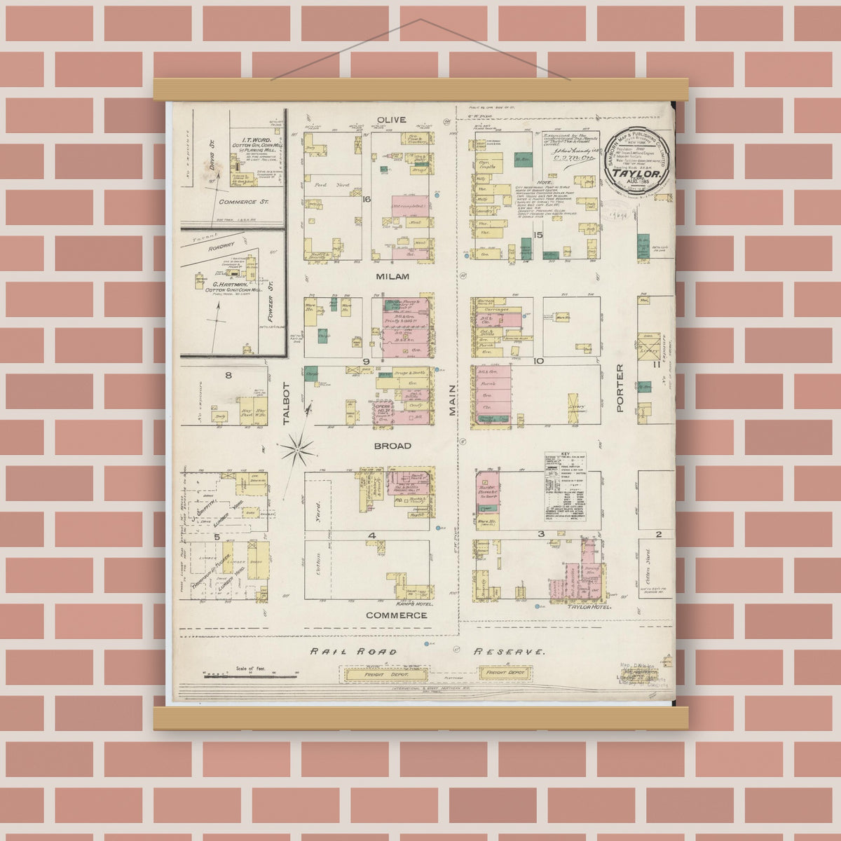 Old map wall art mockup — magnetic wood frame on brick wall — Sanborn Fire Insurance Map from Taylor, Williamson County, Texas (1885), Sheet #0001