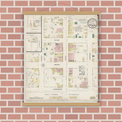 Old map wall art mockup — magnetic wood frame on brick wall — Sanborn Fire Insurance Map from Taylor, Williamson County, Texas (1885), Sheet #0001
