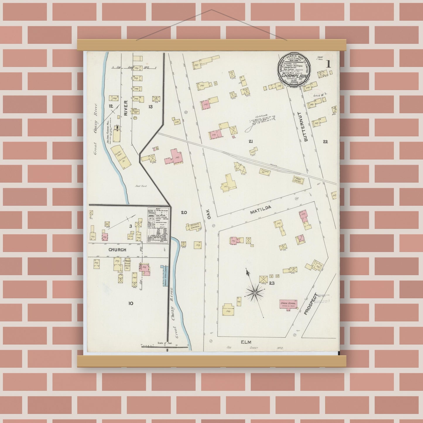 Old map wall art mockup — magnetic wood frame on brick wall — Sanborn Fire Insurance Map from Champlain, Clinton County, New York (1891), Sheet #0001