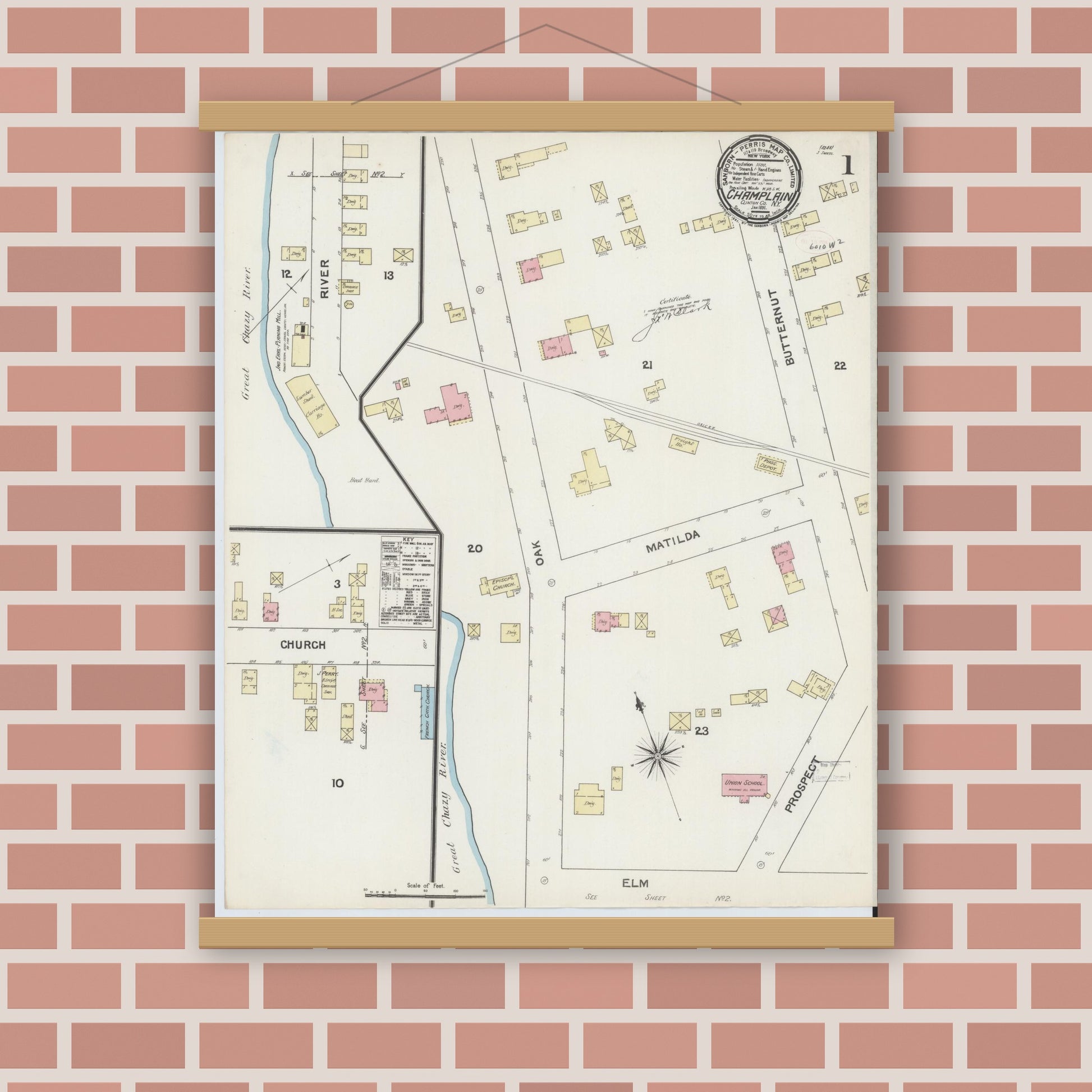 Old map wall art mockup — magnetic wood frame on brick wall — Sanborn Fire Insurance Map from Champlain, Clinton County, New York (1891), Sheet #0001