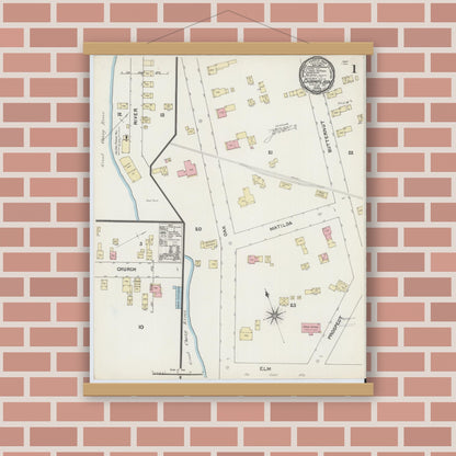 Old map wall art mockup — magnetic wood frame on brick wall — Sanborn Fire Insurance Map from Champlain, Clinton County, New York (1891), Sheet #0001