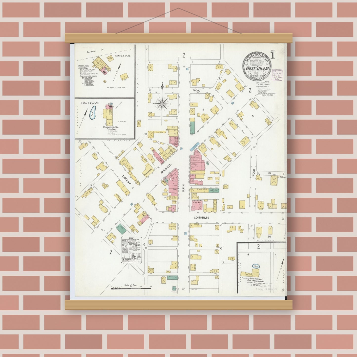 Old map wall art mockup — magnetic wood frame on brick wall — Sanborn Fire Insurance Map from West Salem, Wayne County, Ohio (1904), Sheet #0001