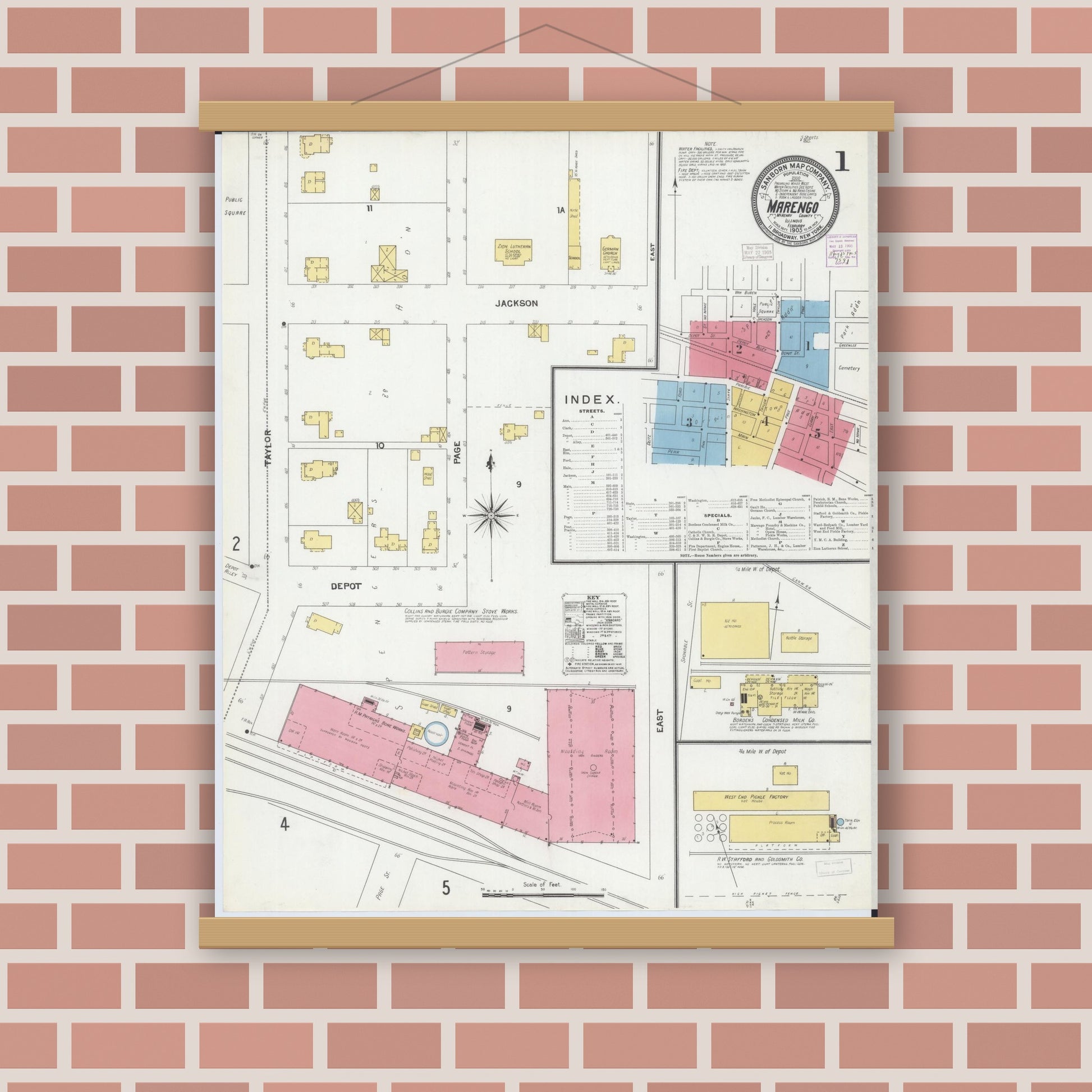 Old map wall art mockup — magnetic wood frame on brick wall — Sanborn Fire Insurance Map from Marengo, McHenry County, Illinois (1905) - Complete Map Set