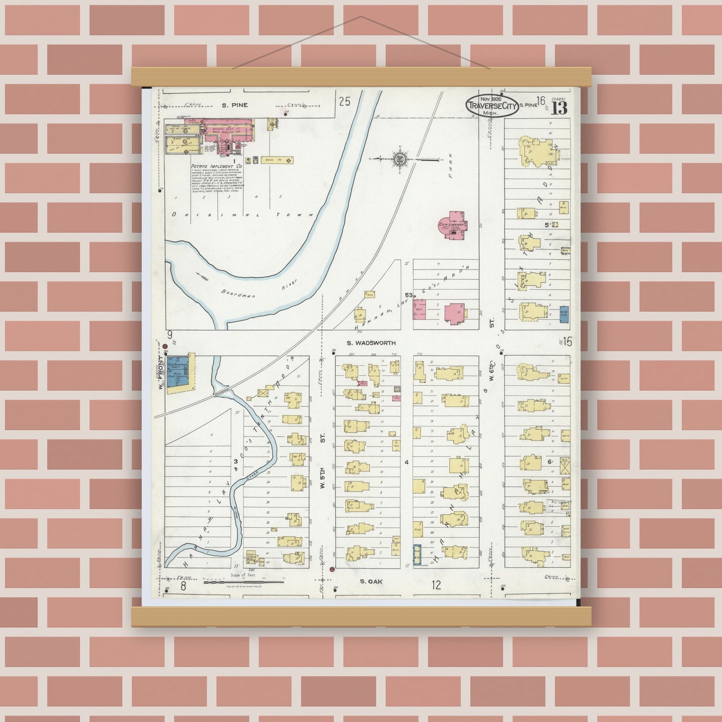 Old map wall art mockup — magnetic wood frame on brick wall — Sanborn Fire Insurance Map from Traverse City, Grand Traverse County, Michigan (1920), Sheet #0013