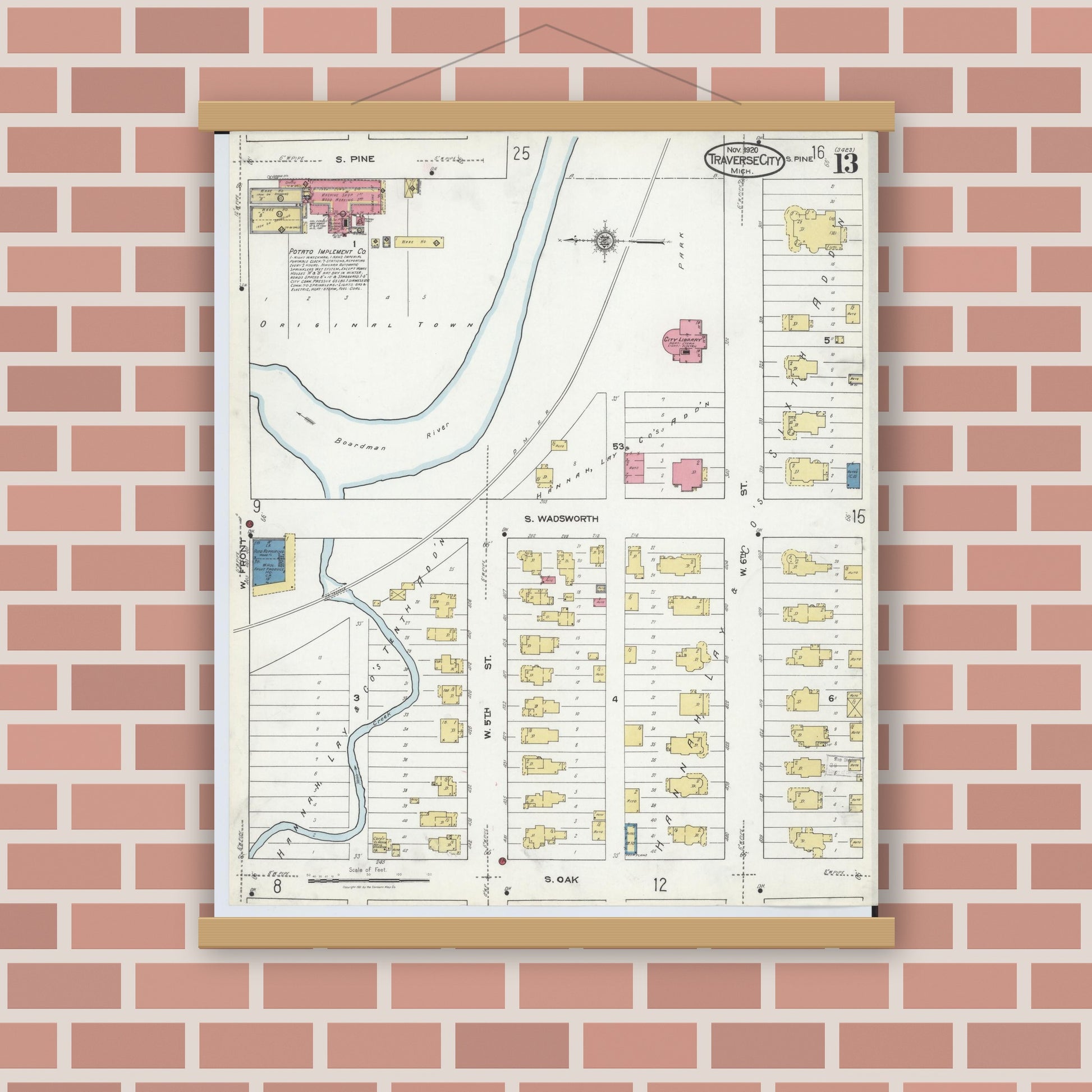 Old map wall art mockup — magnetic wood frame on brick wall — Sanborn Fire Insurance Map from Traverse City, Grand Traverse County, Michigan (1920), Sheet #0013
