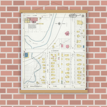 Old map wall art mockup — magnetic wood frame on brick wall — Sanborn Fire Insurance Map from Traverse City, Grand Traverse County, Michigan (1920), Sheet #0013