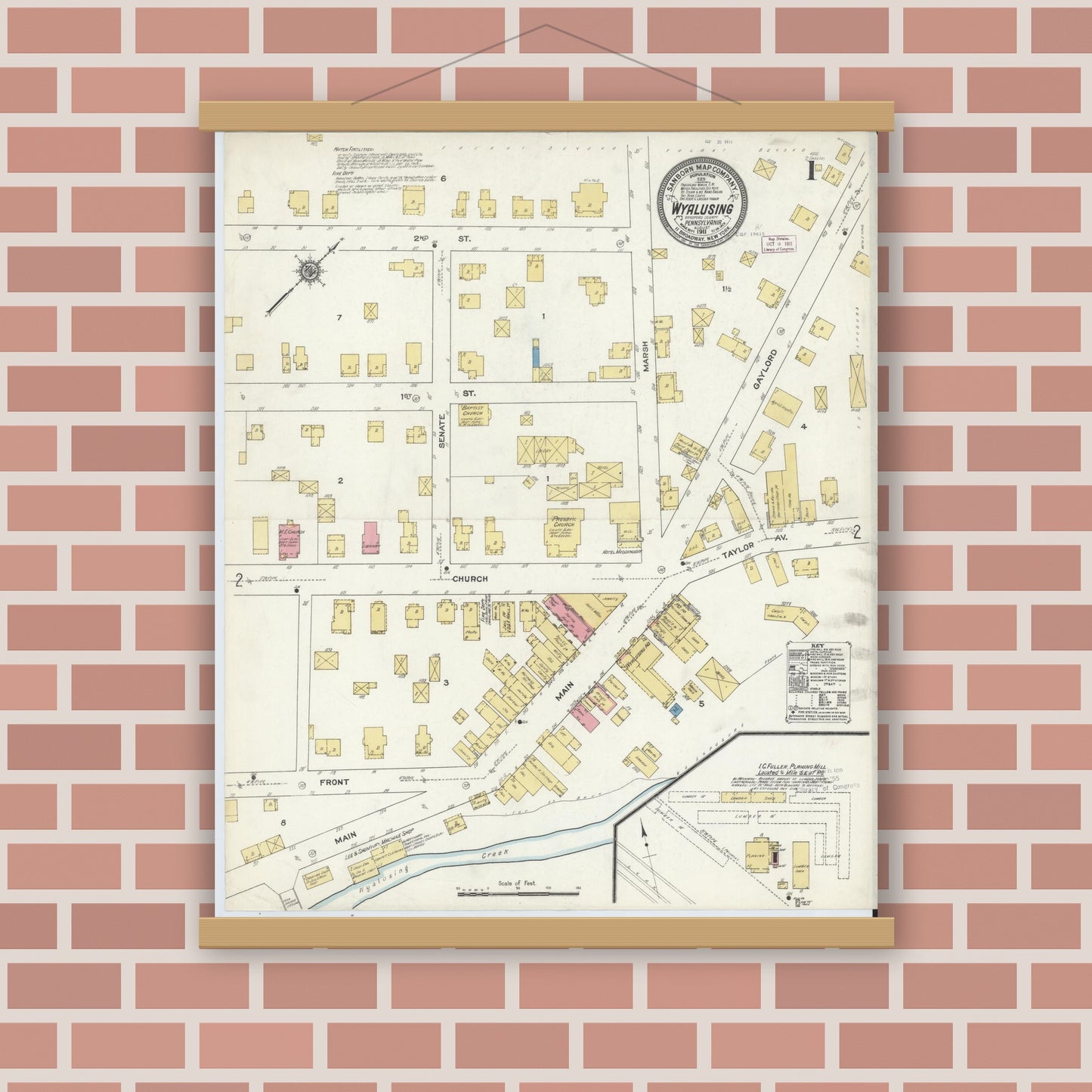 Old map wall art mockup — magnetic wood frame on brick wall — Sanborn Fire Insurance Map from Wyalusing, Wyoming County, Pennsylvania (1911) - Complete Map Set