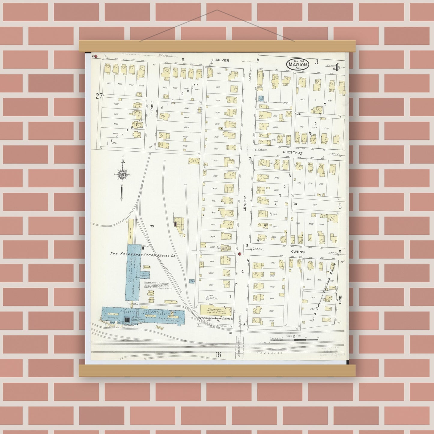 Old map wall art mockup — magnetic wood frame on brick wall — Sanborn Fire Insurance Map from Marion, Marion County, Ohio (1914), Sheet #0004