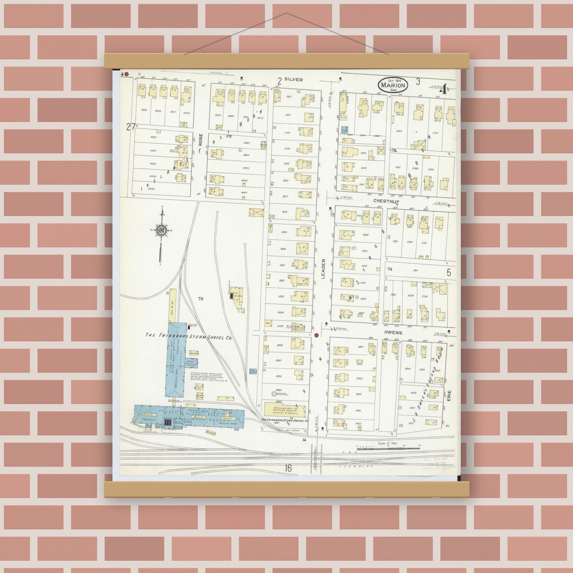 Old map wall art mockup — magnetic wood frame on brick wall — Sanborn Fire Insurance Map from Marion, Marion County, Ohio (1914), Sheet #0004