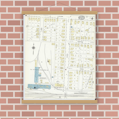 Old map wall art mockup — magnetic wood frame on brick wall — Sanborn Fire Insurance Map from Marion, Marion County, Ohio (1914), Sheet #0004