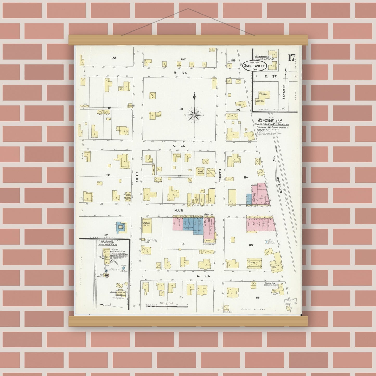 Old map wall art mockup — magnetic wood frame on brick wall — Sanborn Fire Insurance Map from Gainesville, Alachua County, Florida (1909), Sheet #0017