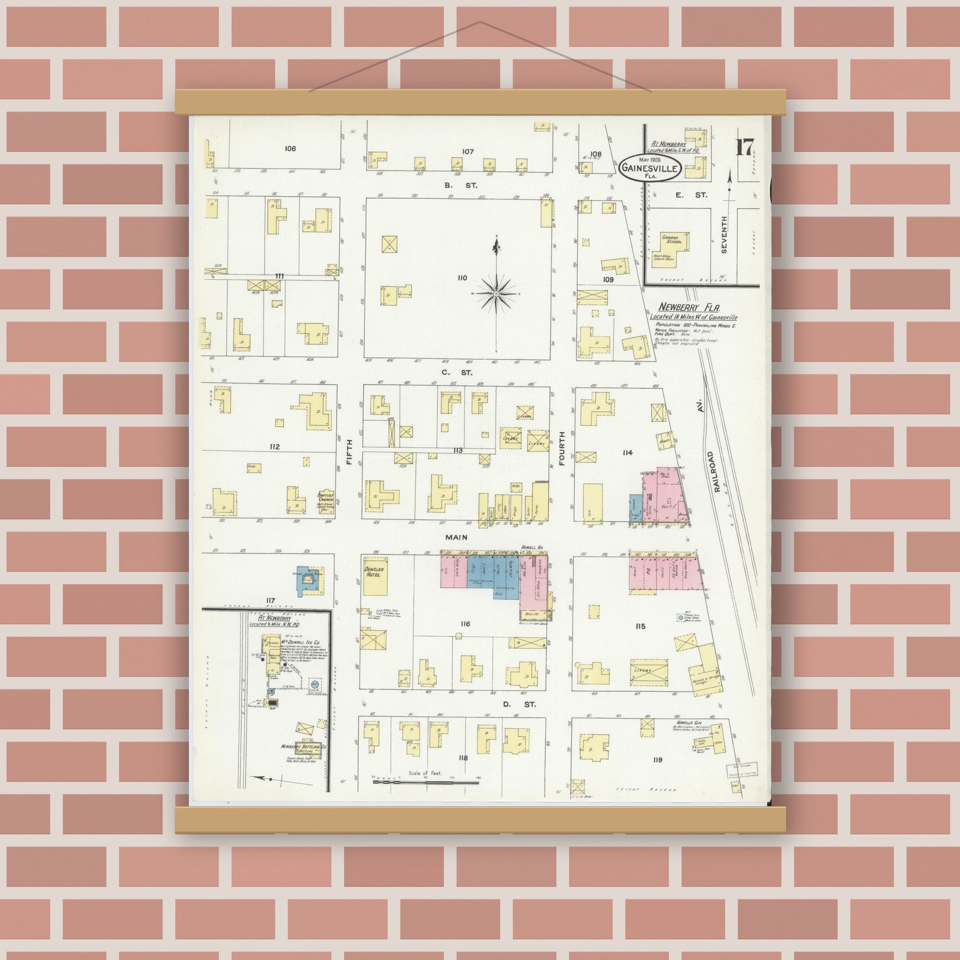 Old map wall art mockup — magnetic wood frame on brick wall — Sanborn Fire Insurance Map from Gainesville, Alachua County, Florida (1909), Sheet #0017