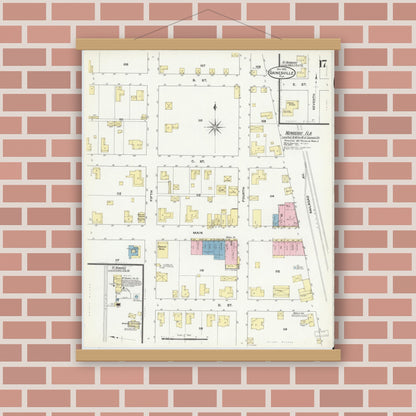 Old map wall art mockup — magnetic wood frame on brick wall — Sanborn Fire Insurance Map from Gainesville, Alachua County, Florida (1909), Sheet #0017